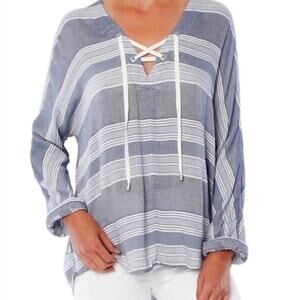 Rails Lily Lace Up Front Long Sleeve Top Blouse Athens Stripe Blue White Medium